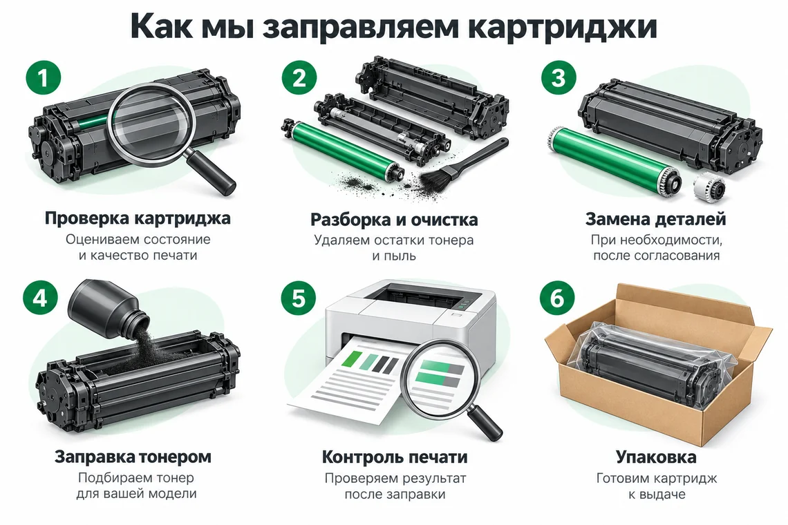 Шесть этапов заправки картриджа: проверка, очистка, замена деталей при необходимости, заправка, контроль печати и упаковка