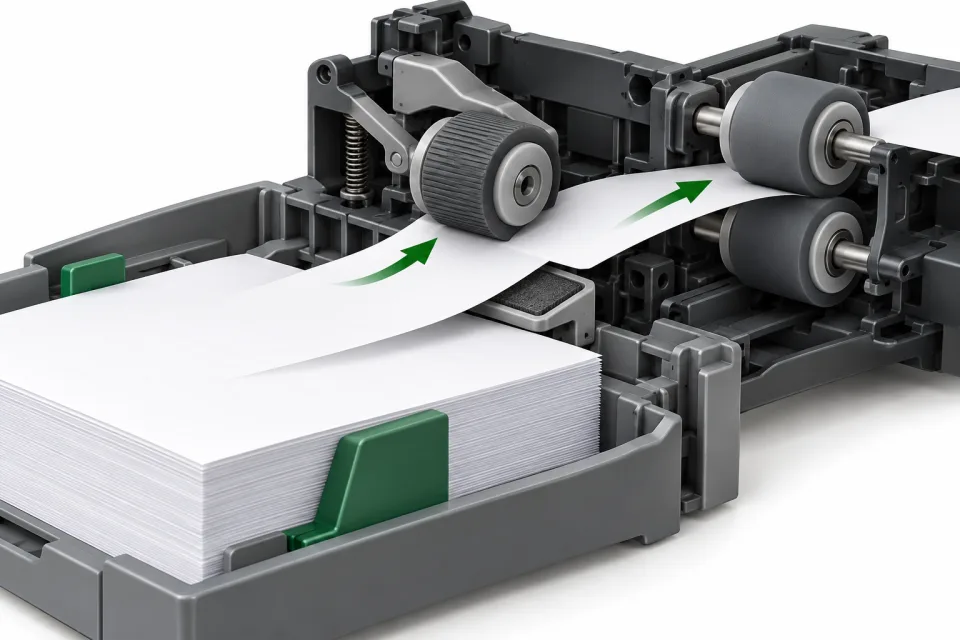Ролики захватывают один лист и проводят его через принтер